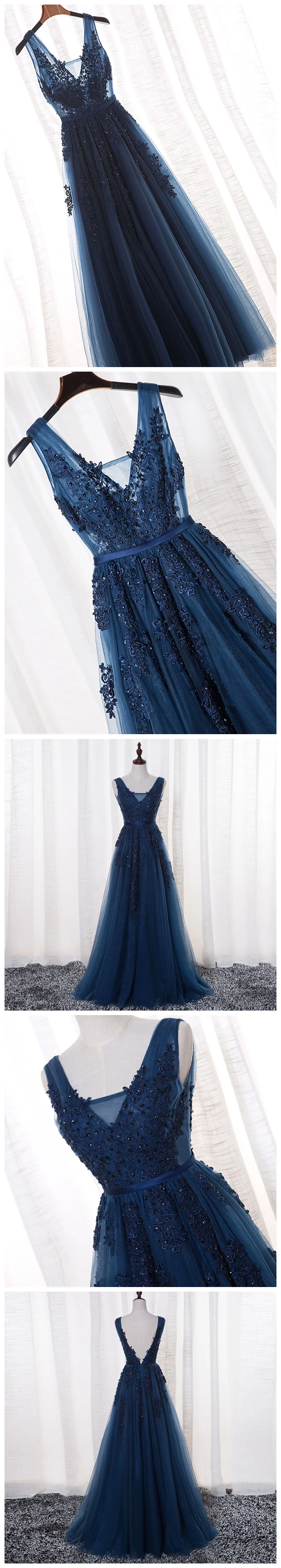 Glamour bleu marine dentelle tulle col en V voir à travers la robe de bal