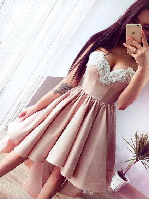 Robe de soirée/robe de bal tendance, rose poussiéreux, haute et basse, avec appliques en dentelle à l'encolure, #110506