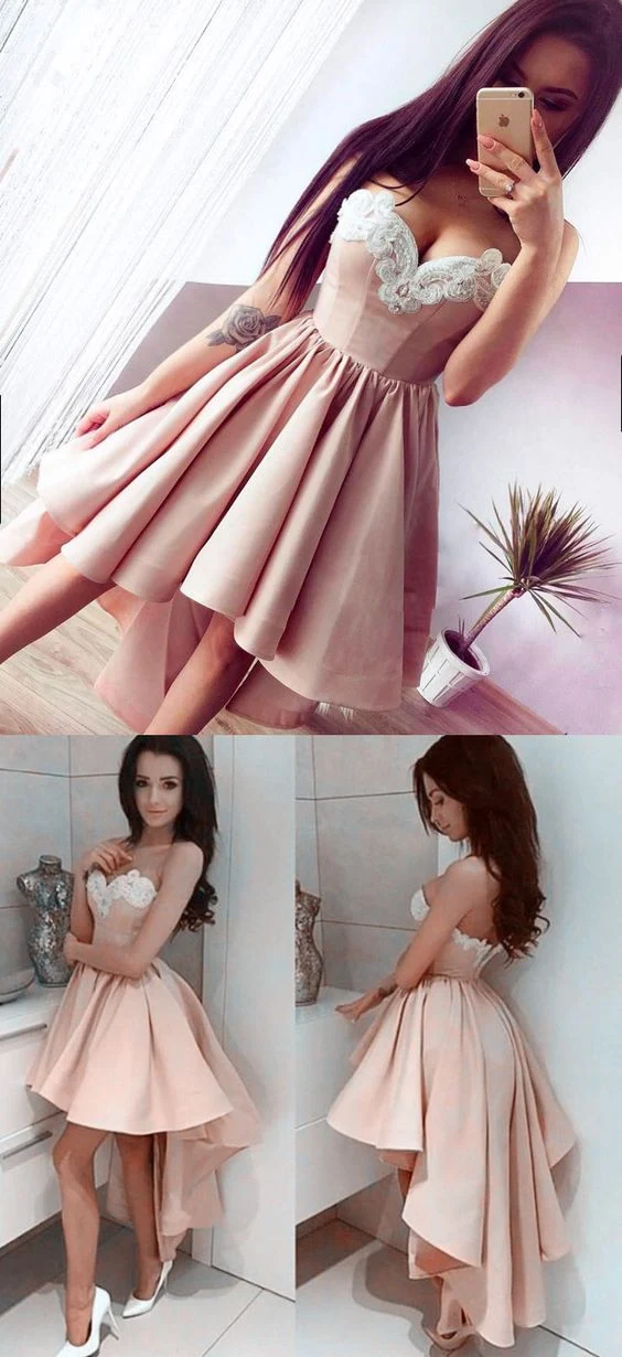 Robe de soirée/robe de bal tendance, rose poussiéreux, haute et basse, avec appliques en dentelle à l'encolure, #110506