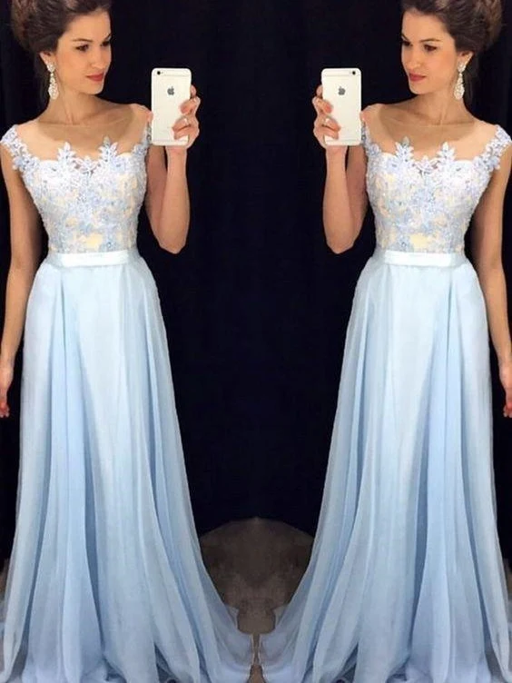 Mode bleu clair dentelle une ligne robe de bal longue robe formelle