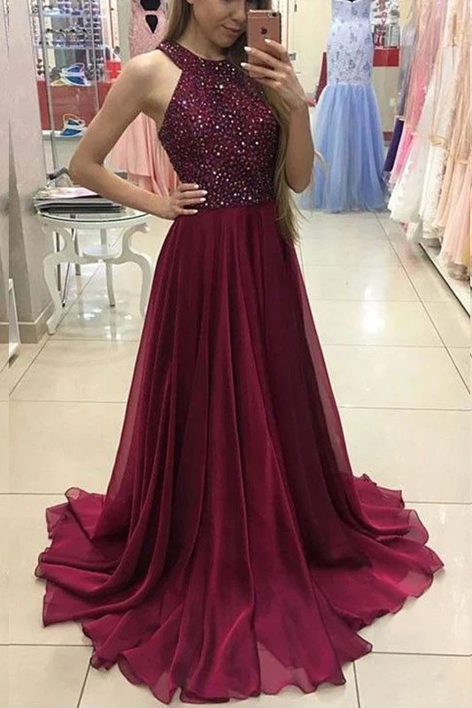 Robe de bal marron fantaisie perles Halter une ligne en mousseline de soie robe de bal