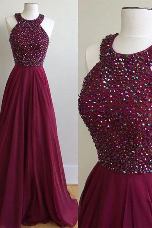 Robe de bal marron fantaisie perles Halter une ligne en mousseline de soie robe de bal