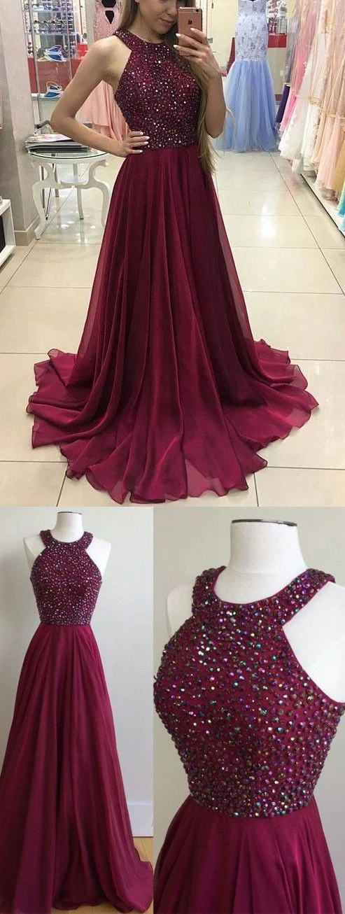 Robe de bal marron fantaisie perles Halter une ligne en mousseline de soie robe de bal