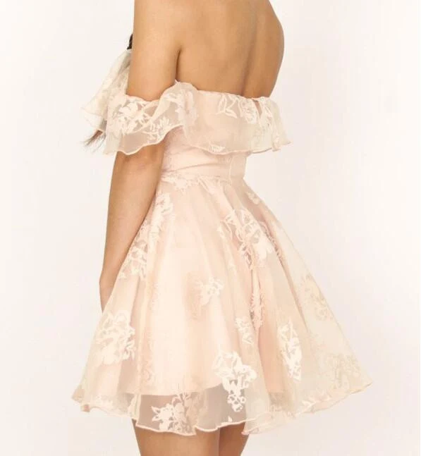 Robe de soirée courte en dentelle rose perle, épaules dénudées, robe de danse pour remise de diplôme de 8e année