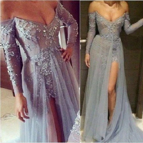 Robe de bal bleu poussiéreux à paillettes avec manches et fente latérale