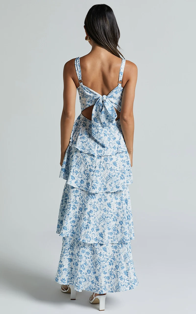 Lorma Midi Dress - Ruched Layered Dress in Blue Floral