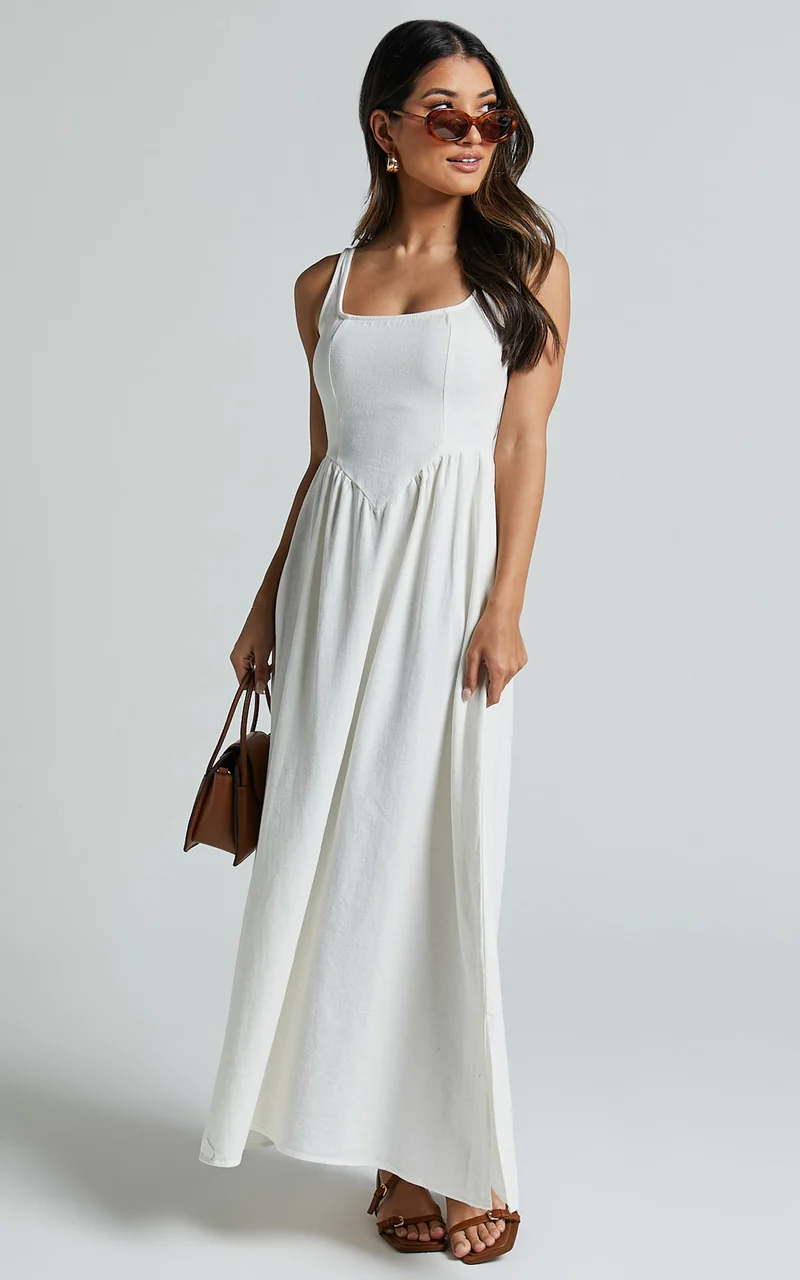 Rhaziya Midi Dress - Sleeveless Straight Neck Fit and Flare Dress in White