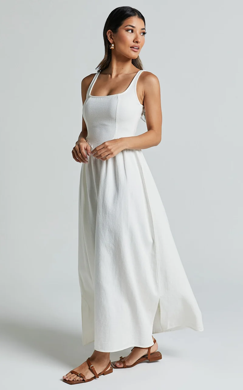Rhaziya Midi Dress - Sleeveless Straight Neck Fit and Flare Dress in White