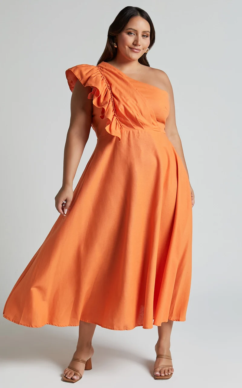 Dixie Midi Dress - Linen Look One Shoulder Ruffle Dress in Orange