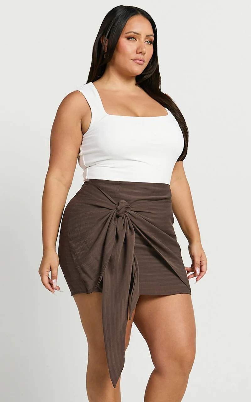Kerzi Mini Skirt - Tie Front Wrap Skirt in Dark Brown