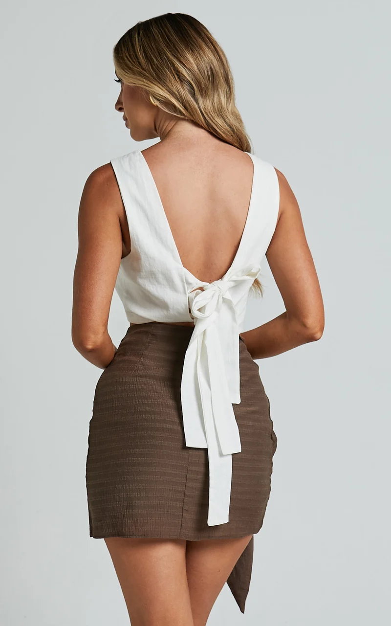 Kerzi Mini Skirt - Tie Front Wrap Skirt in Dark Brown