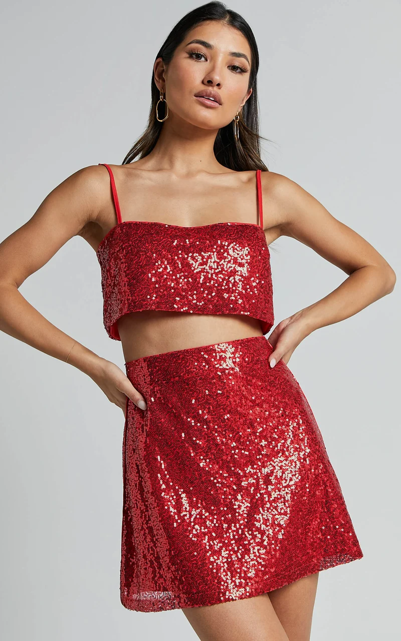 Elswyth Mini Skirt - Side Split Sequin Skirt in Red