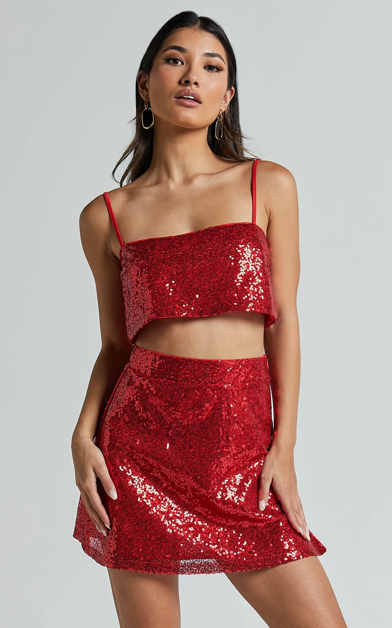 Elswyth Mini Skirt - Side Split Sequin Skirt in Red