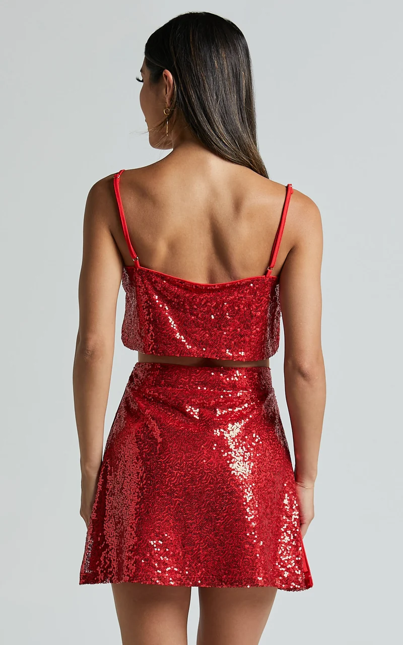 Elswyth Mini Skirt - Side Split Sequin Skirt in Red