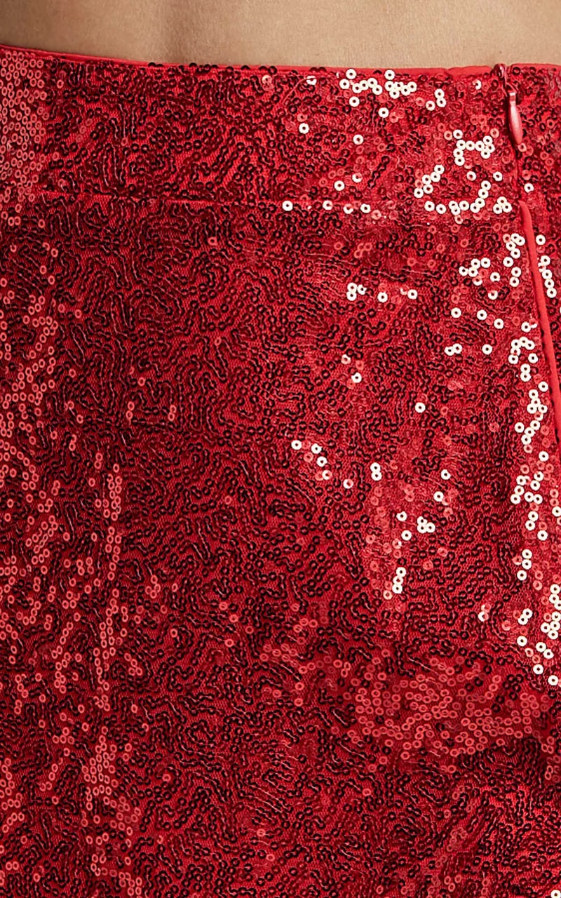 Elswyth Mini Skirt - Side Split Sequin Skirt in Red