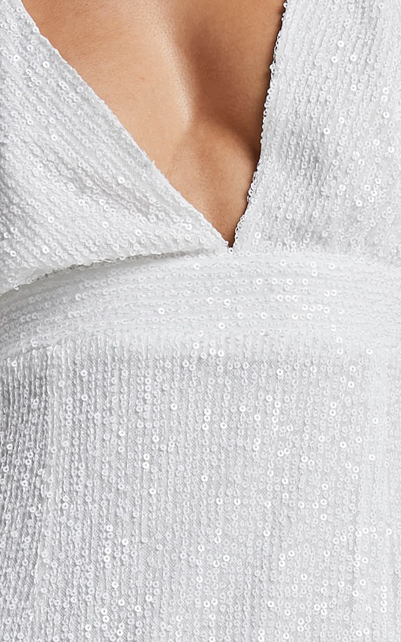 Cleonna Mini Dress - Short Puff Sleeve Plunge Neck Sequin Bodycon in White