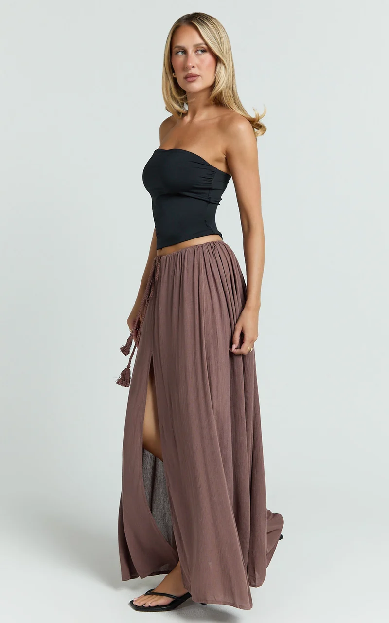Under The Twilight Maxi Skirt - Thigh Split Skirt in Taupe
