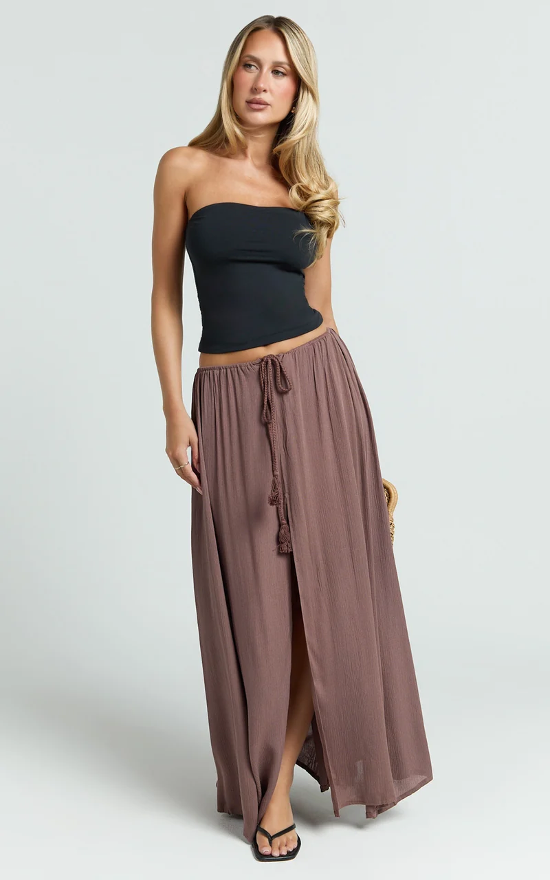 Under The Twilight Maxi Skirt - Thigh Split Skirt in Taupe