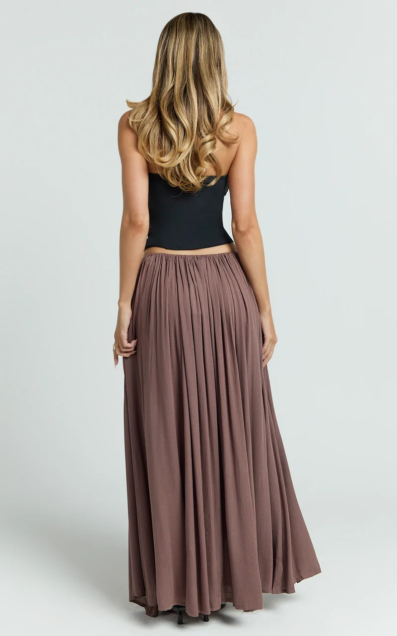 Under The Twilight Maxi Skirt - Thigh Split Skirt in Taupe