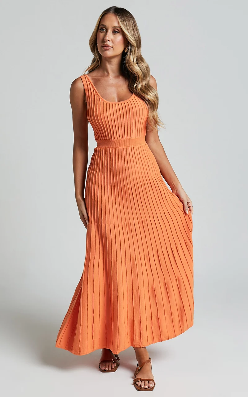 Saoirse Midi Dress - Square Neck Strappy Knit Dress in Mango