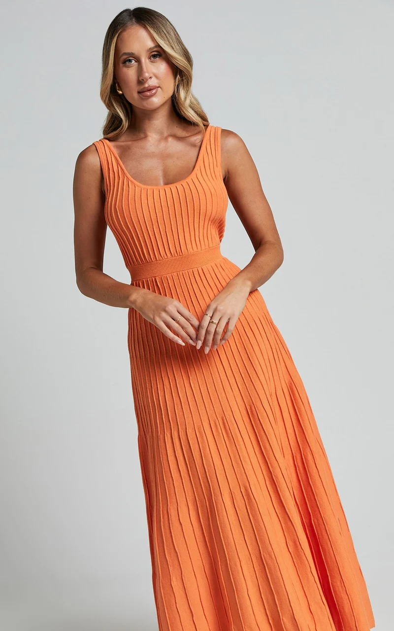 Saoirse Midi Dress - Square Neck Strappy Knit Dress in Mango