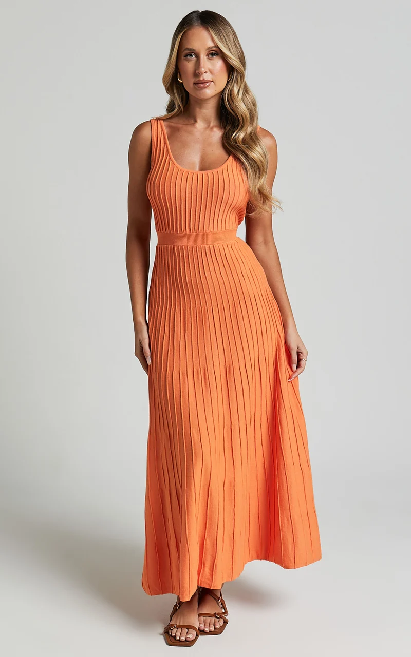 Saoirse Midi Dress - Square Neck Strappy Knit Dress in Mango