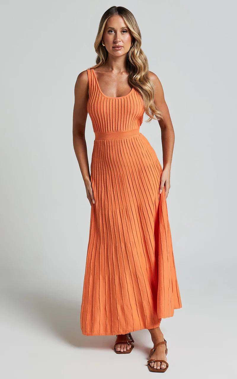 Saoirse Midi Dress - Square Neck Strappy Knit Dress in Mango