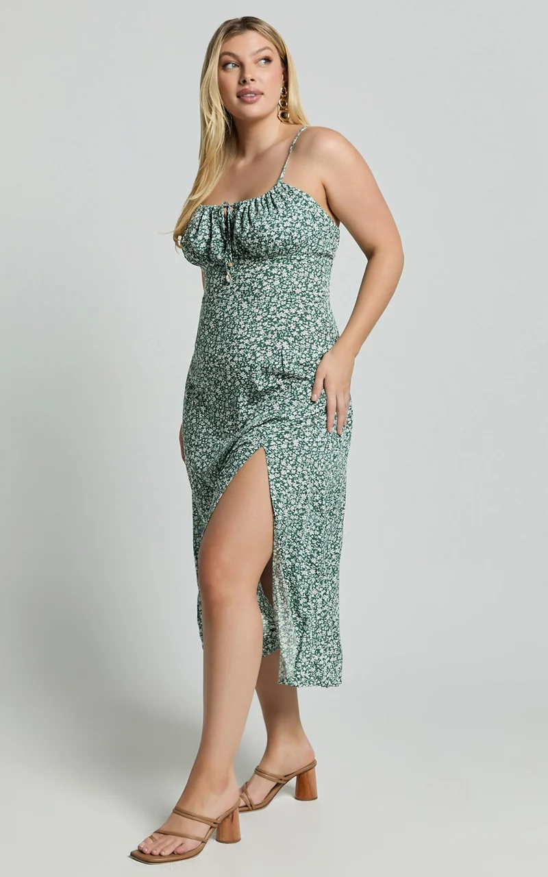 Willa Midi Dress - Ruched Bust Thigh Split Dress in Olive Floral