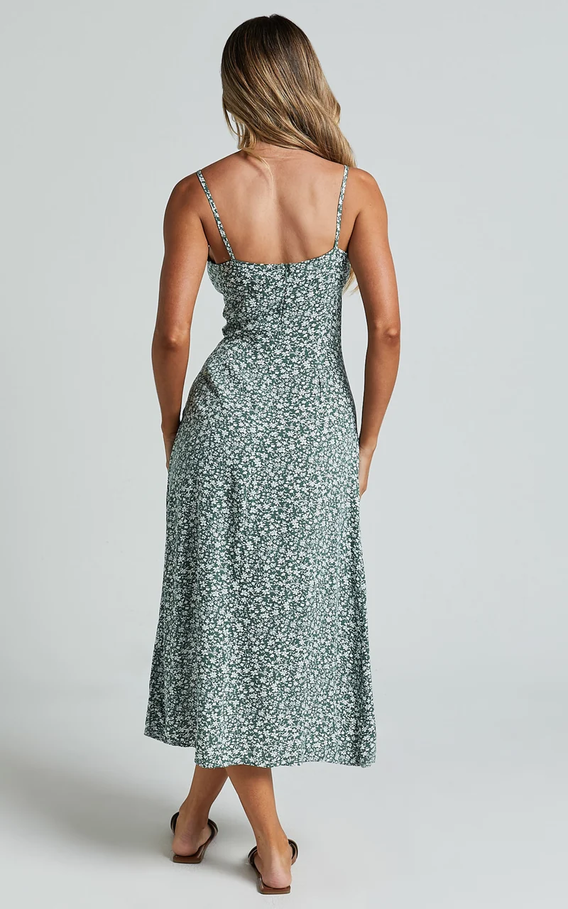 Willa Midi Dress - Ruched Bust Thigh Split Dress in Olive Floral