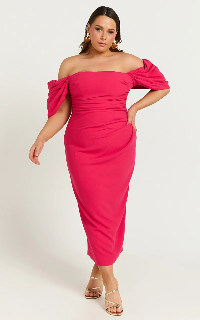 Lohan Midi Dress - Off Shoulder Puff Sleeve in Berry