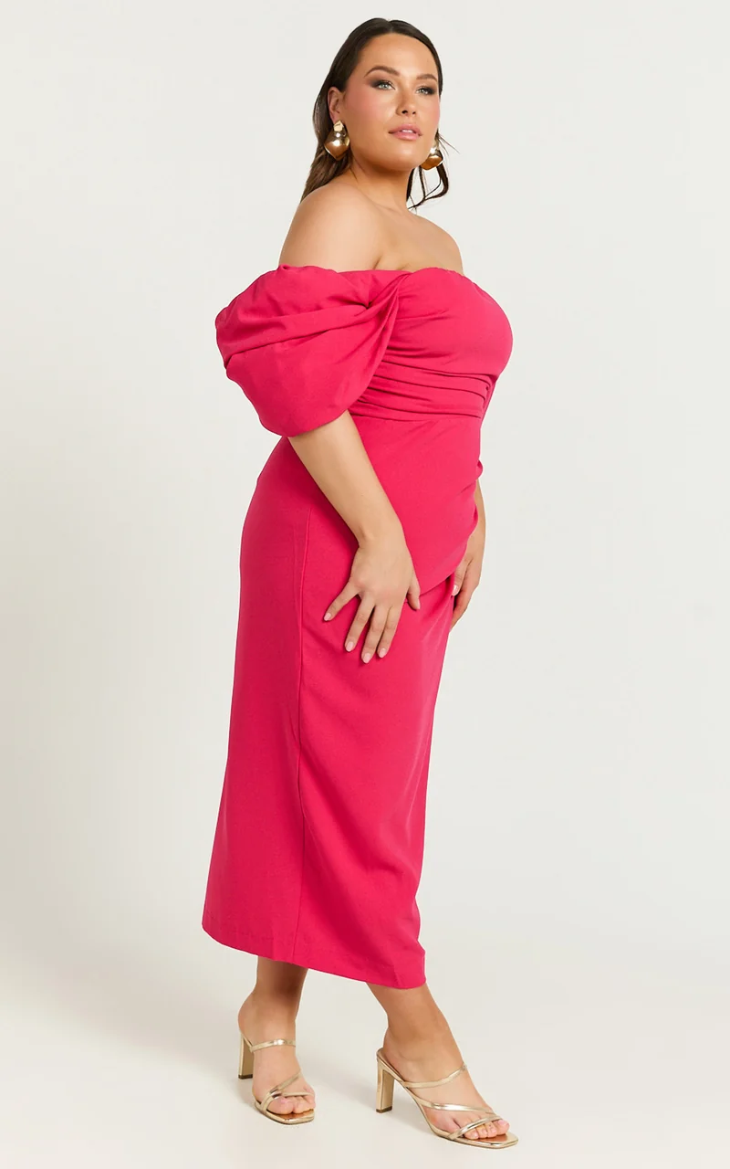 Lohan Midi Dress - Off Shoulder Puff Sleeve in Berry