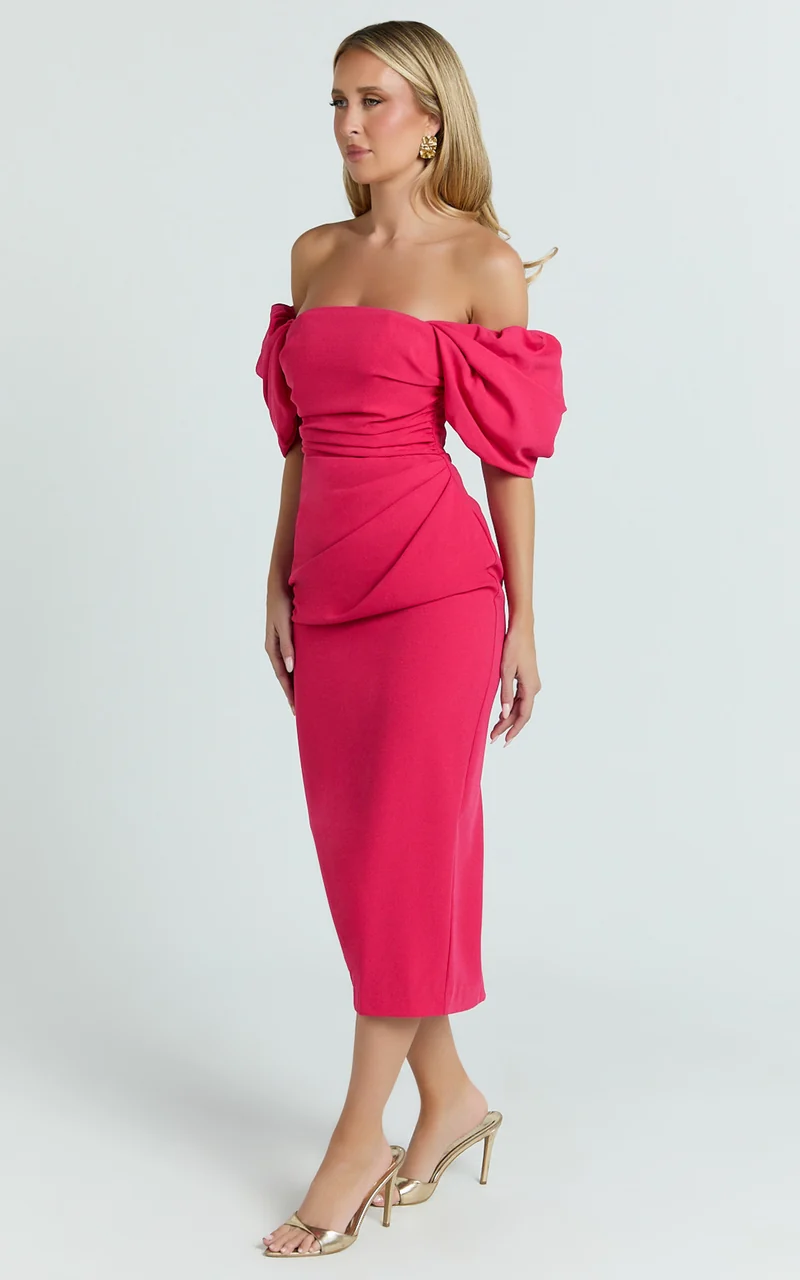 Lohan Midi Dress - Off Shoulder Puff Sleeve in Berry