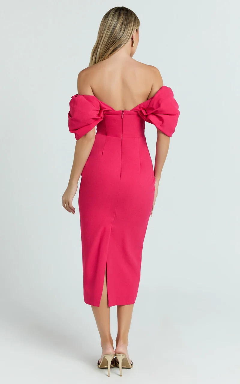 Lohan Midi Dress - Off Shoulder Puff Sleeve in Berry