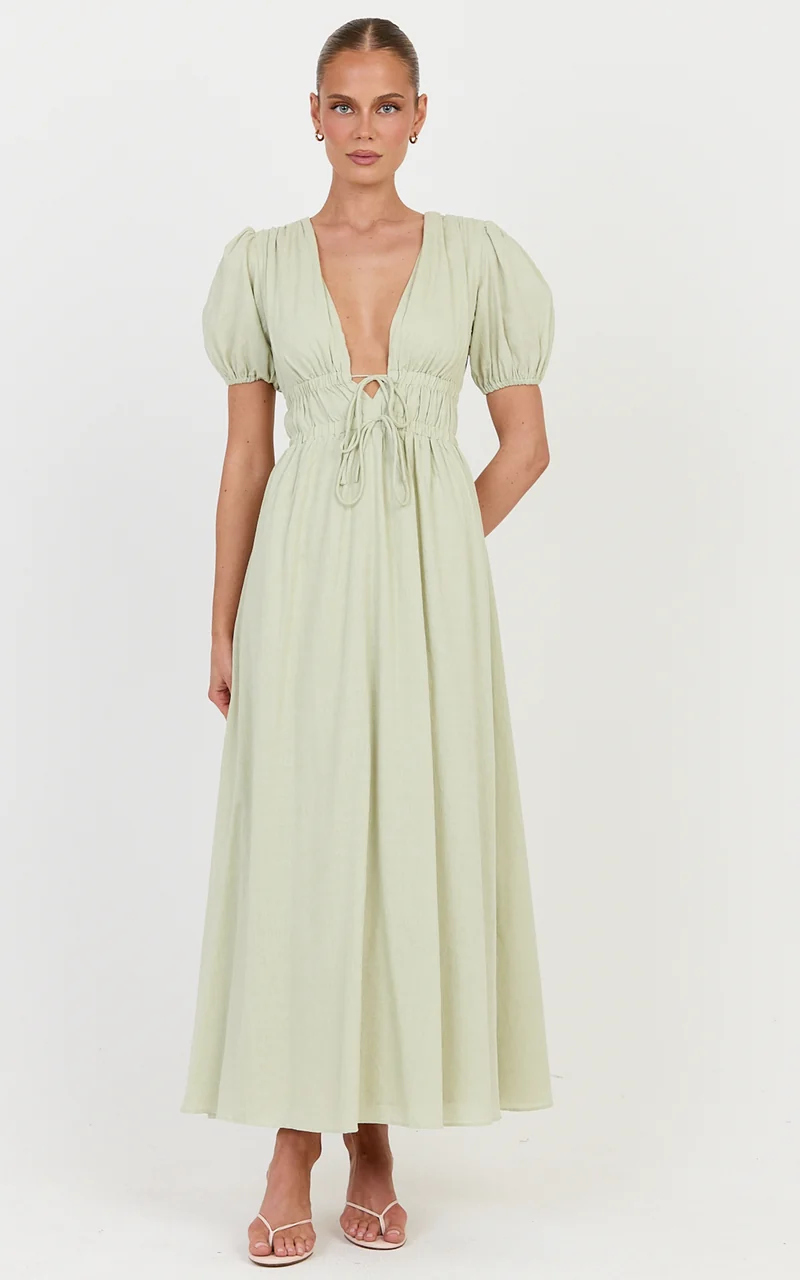 Matteo Midi Dress - Deep V Neck Puff Sleeve Dress in Sage