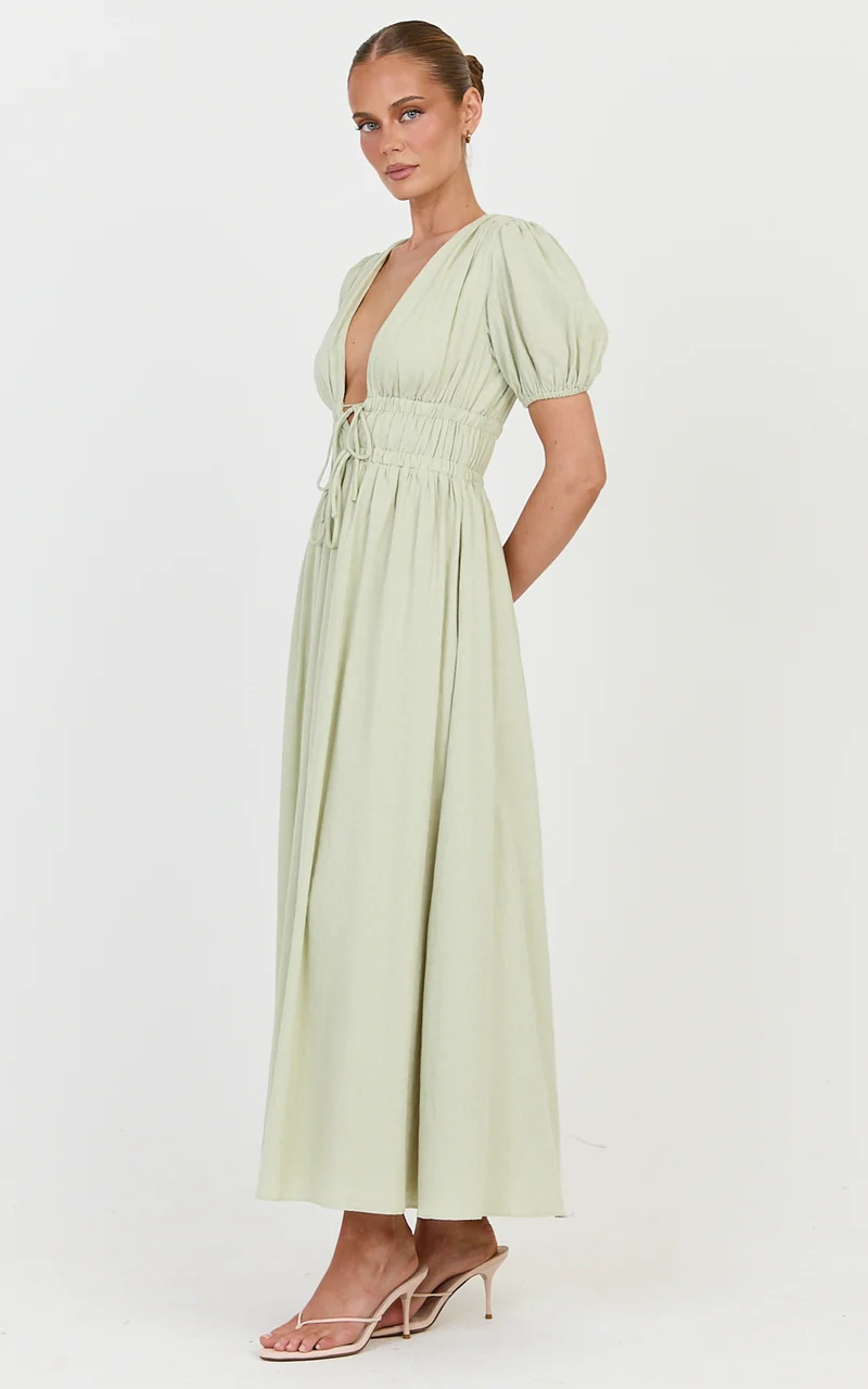 Matteo Midi Dress - Deep V Neck Puff Sleeve Dress in Sage