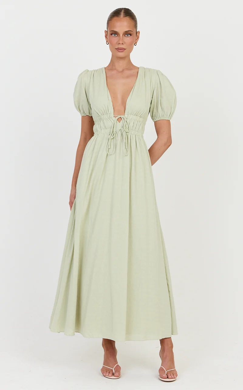 Matteo Midi Dress - Deep V Neck Puff Sleeve Dress in Sage