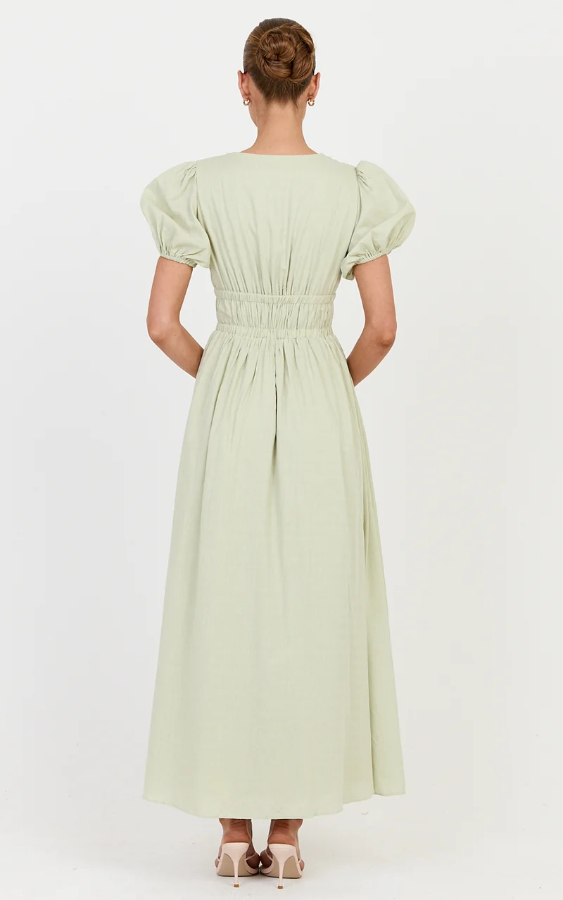 Matteo Midi Dress - Deep V Neck Puff Sleeve Dress in Sage