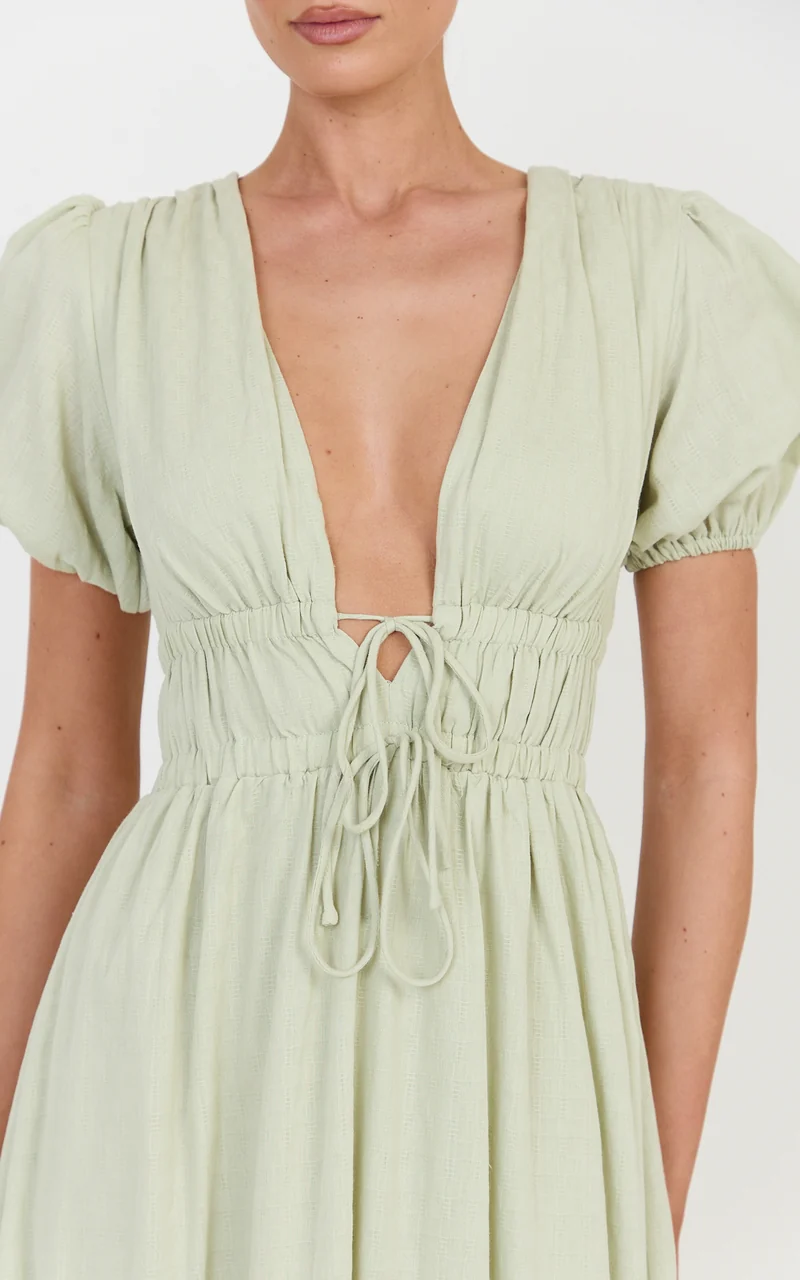 Matteo Midi Dress - Deep V Neck Puff Sleeve Dress in Sage