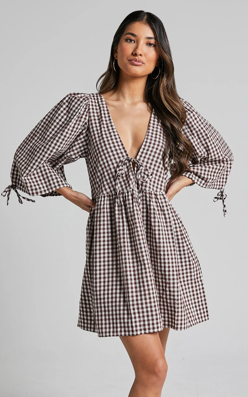 Rosita Mini Dress - Tie Front Puff Sleeve Dress in Brown and White Check