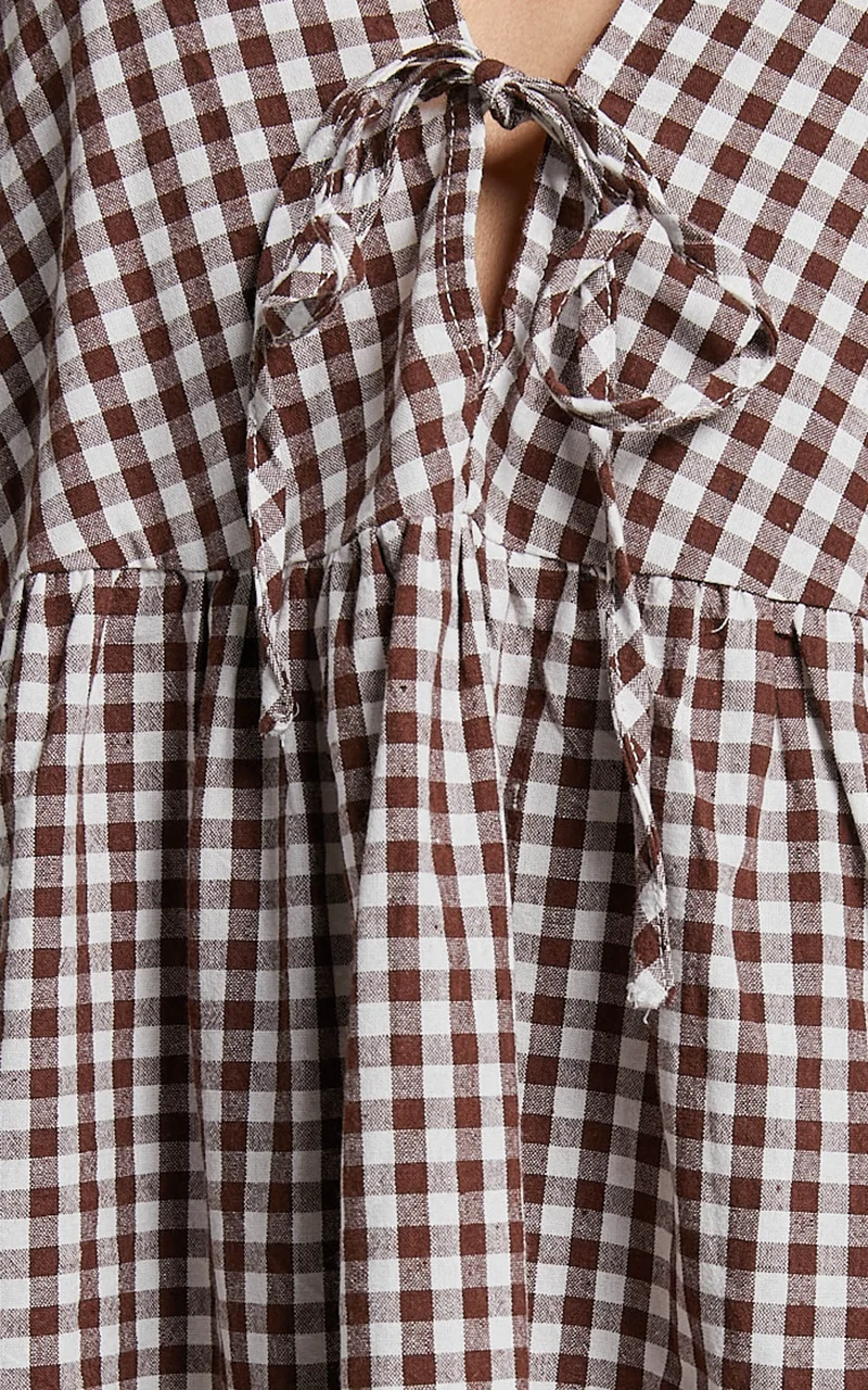 Rosita Mini Dress - Tie Front Puff Sleeve Dress in Brown and White Check
