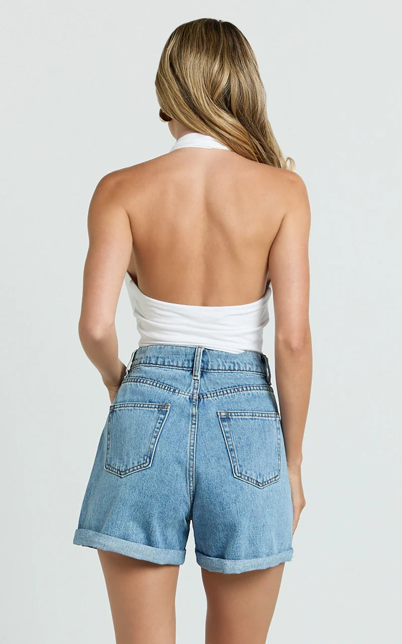 Cristiana Shorts - High Waisted Cuffed Denim in Blue