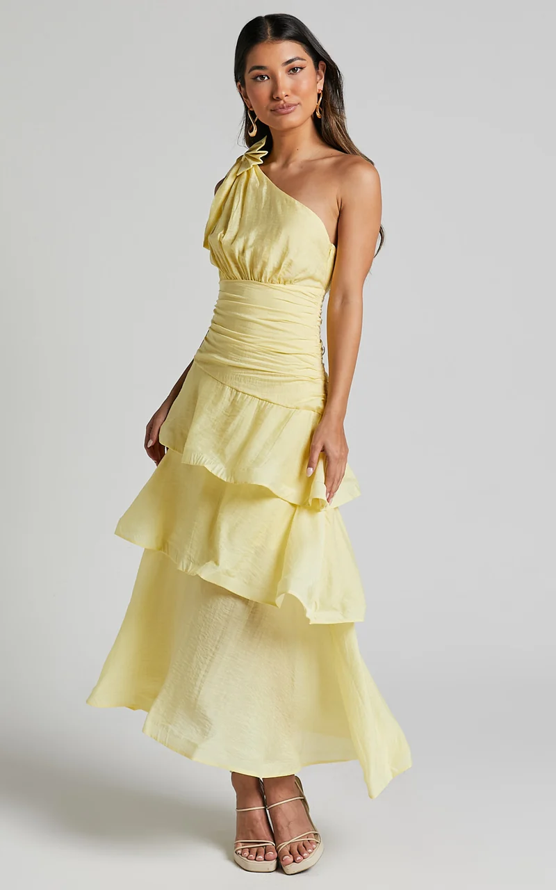 Eugenia Midi Dress - One Shoulder Fit and Flare Layered Dress in Yellow