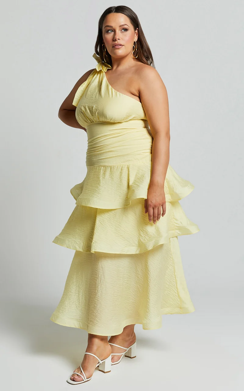 Eugenia Midi Dress - One Shoulder Fit and Flare Layered Dress in Yellow