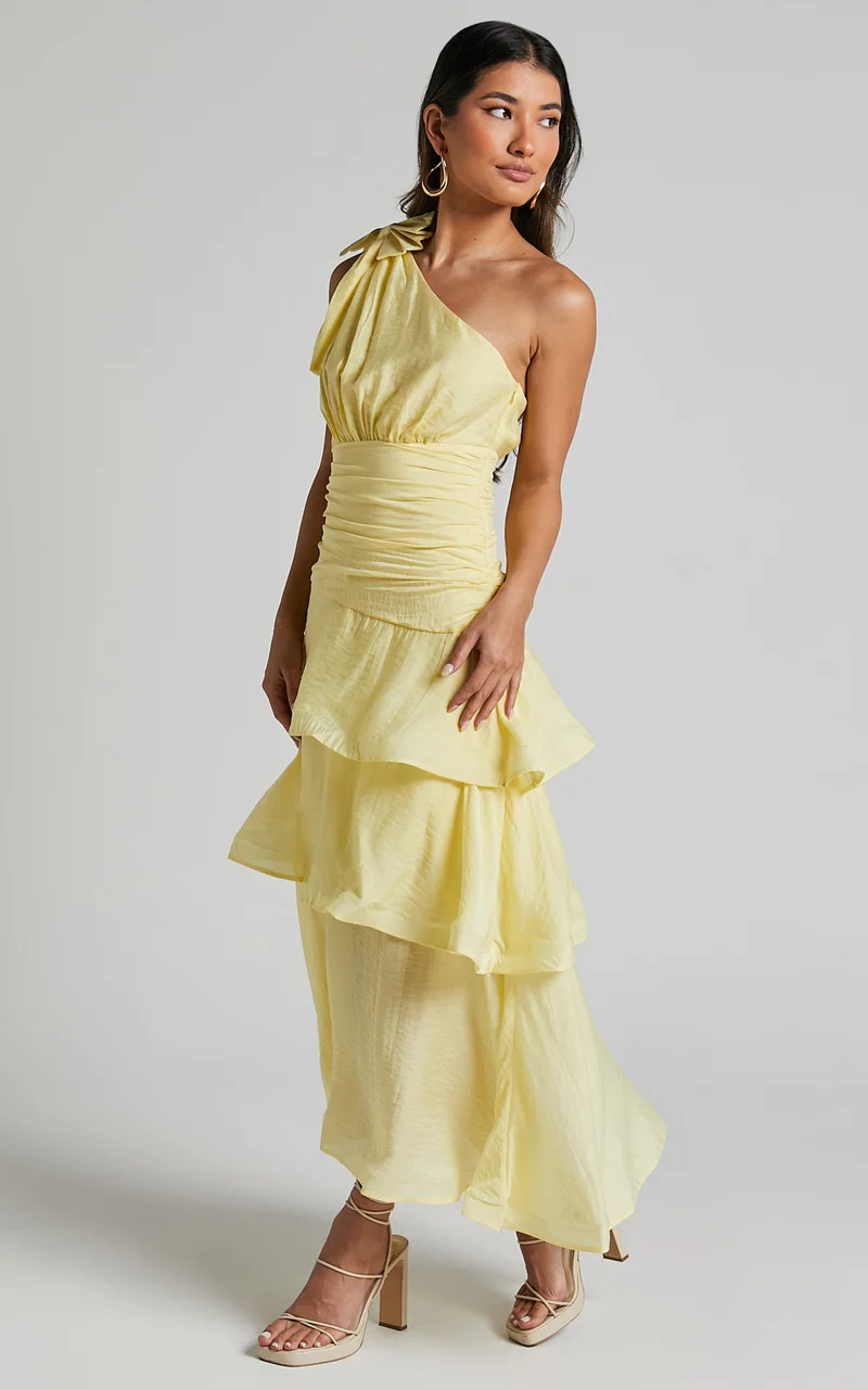 Eugenia Midi Dress - One Shoulder Fit and Flare Layered Dress in Yellow