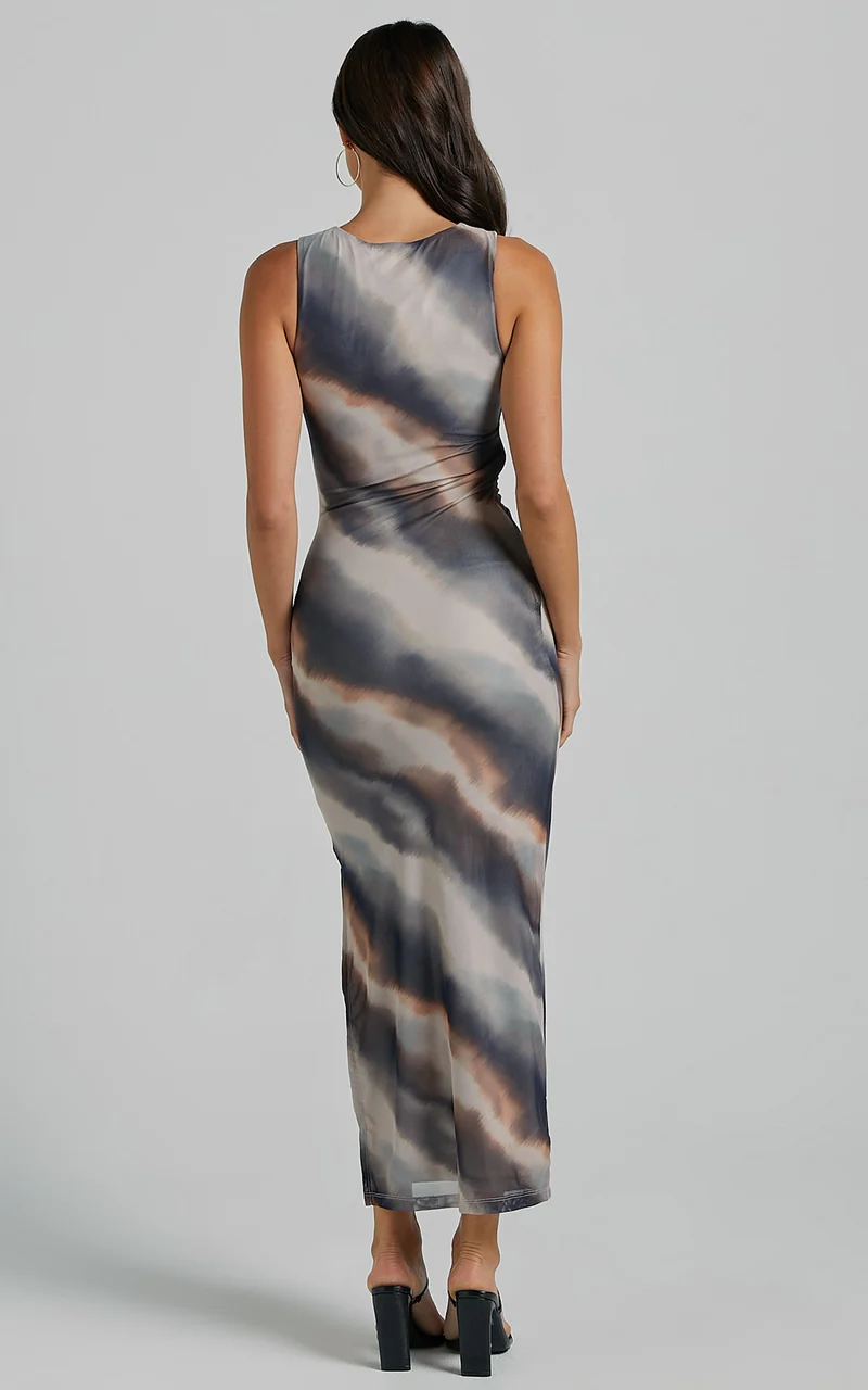 Loralie Midi Dress - Mesh High Neck Bodycon Dress in Brown Tie Dye