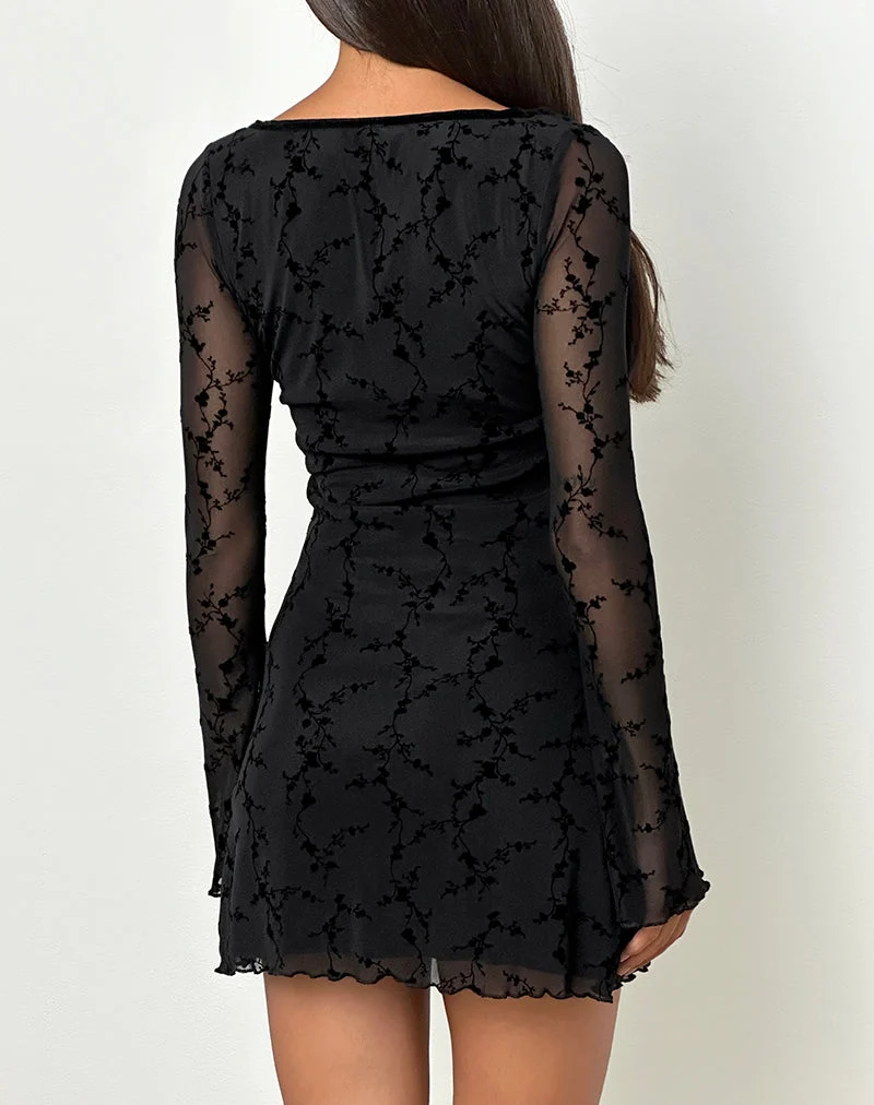 Luth Mini Dress in Vine Flower Black (Mini robe en fleurs de vigne)