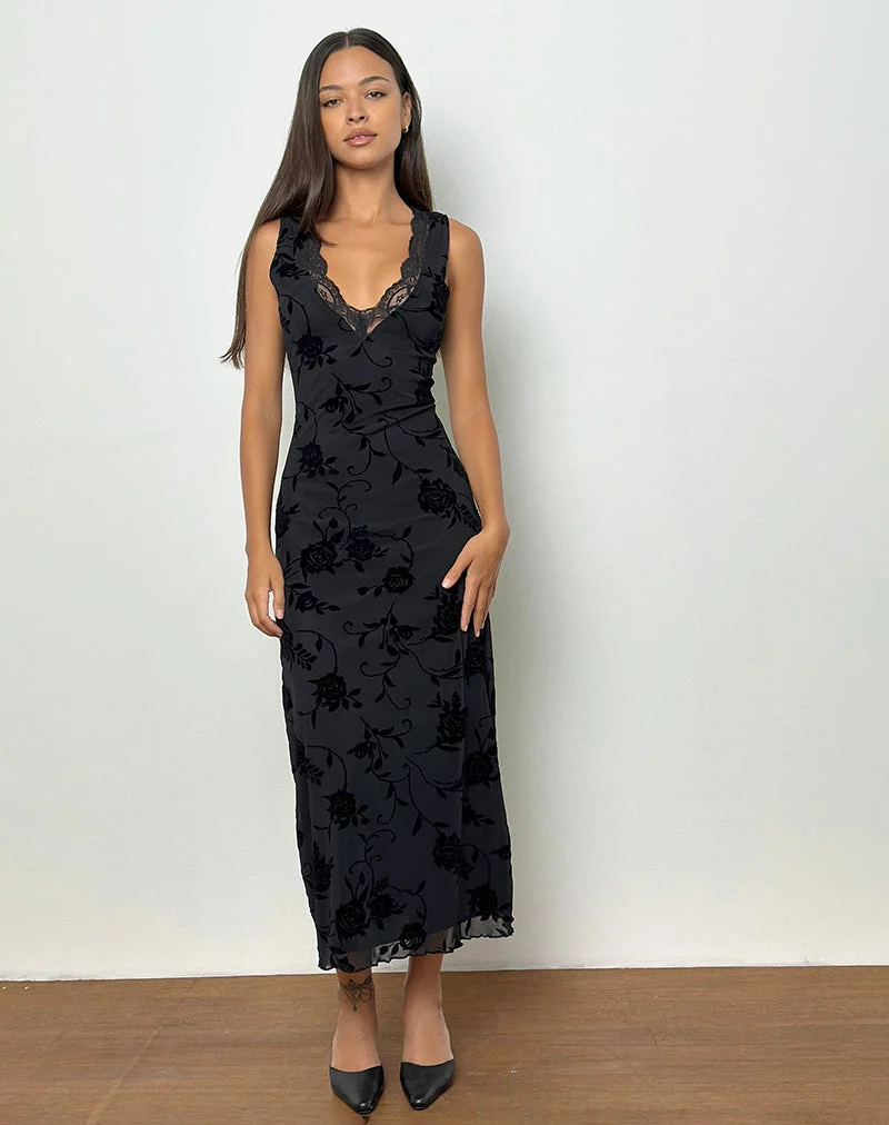 Saga Midi Dress in Rose Flock Black