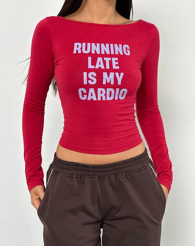 Amabon Long Sleeve Top in Adrenaline Red with Running Late Slogan (Top à manches longues en rouge adrénaline avec slogan Running Late)