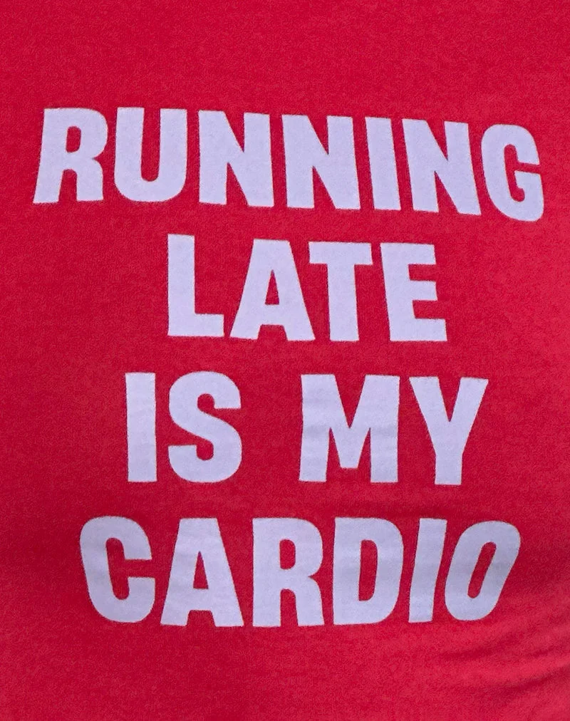 Amabon Long Sleeve Top in Adrenaline Red with Running Late Slogan (Top à manches longues en rouge adrénaline avec slogan Running Late)