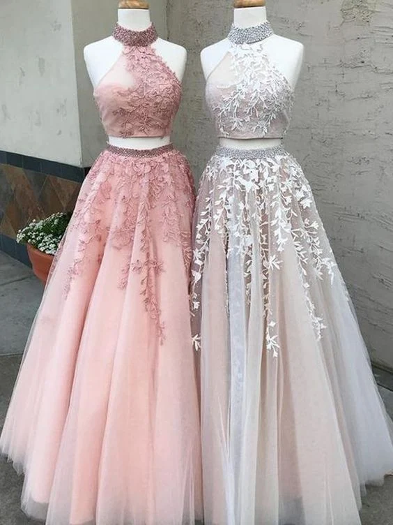Robe de bal longue modeste pour adolescents, robe formelle en deux pièces en dentelle et en tulle pour étudiant de première année